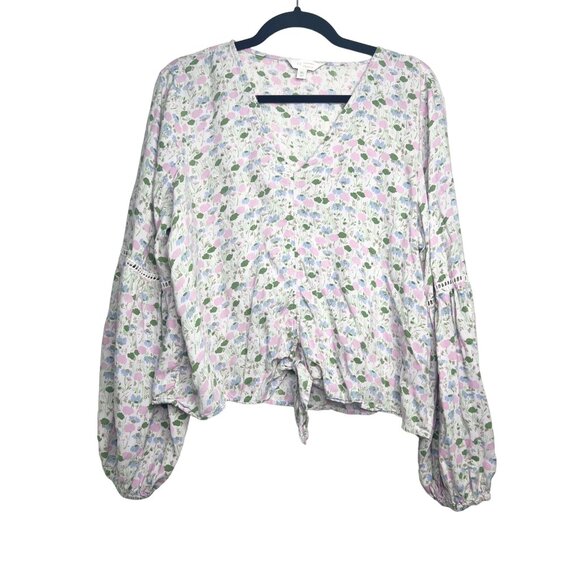 LC Lauren Conrad Floral V-Neck Blouse With Balloon Sleeves & Tie Front - Picture 1 of 12